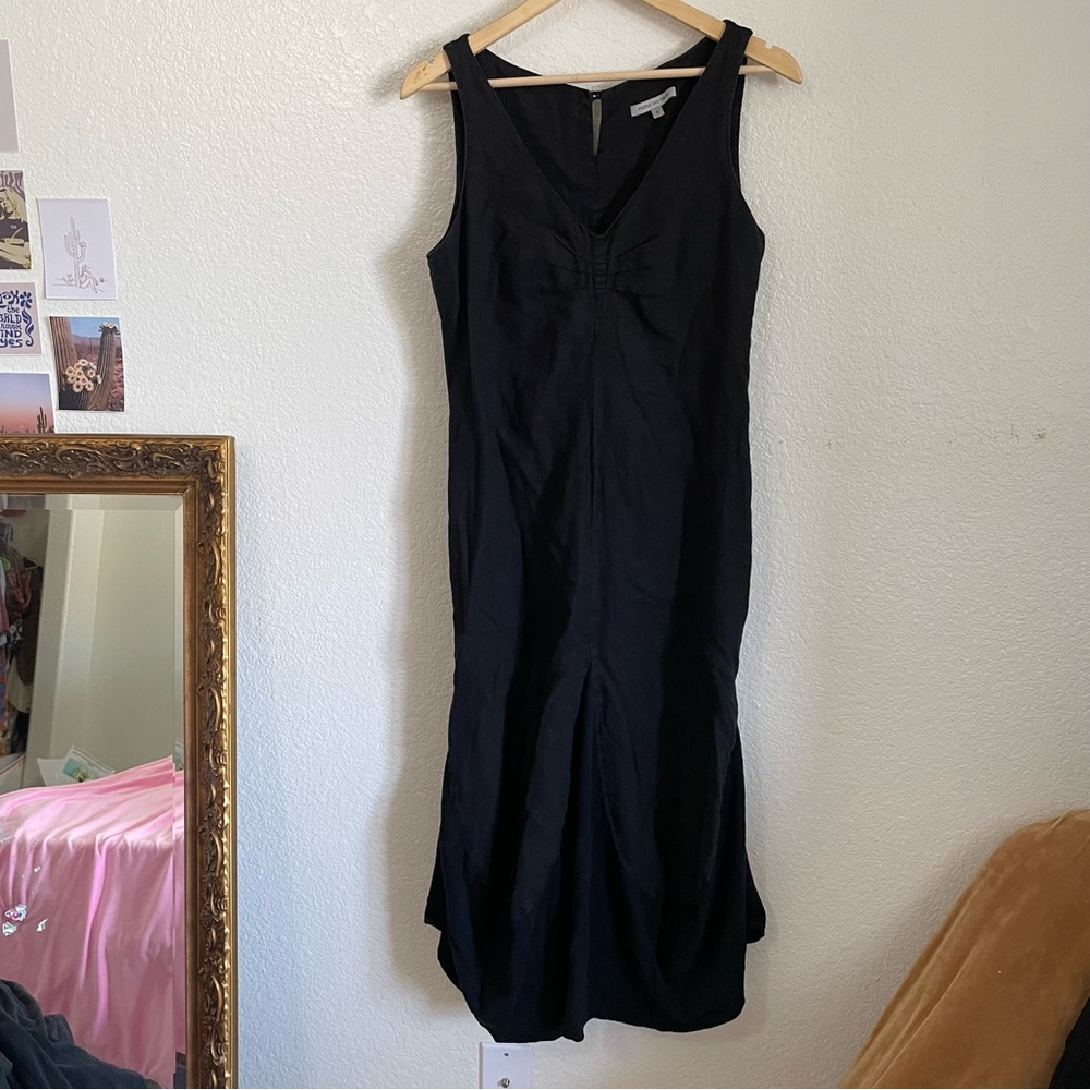 People Like Frank 100% Linen Black Mixed Media Midi Dress V-Neck Sleeveless 6